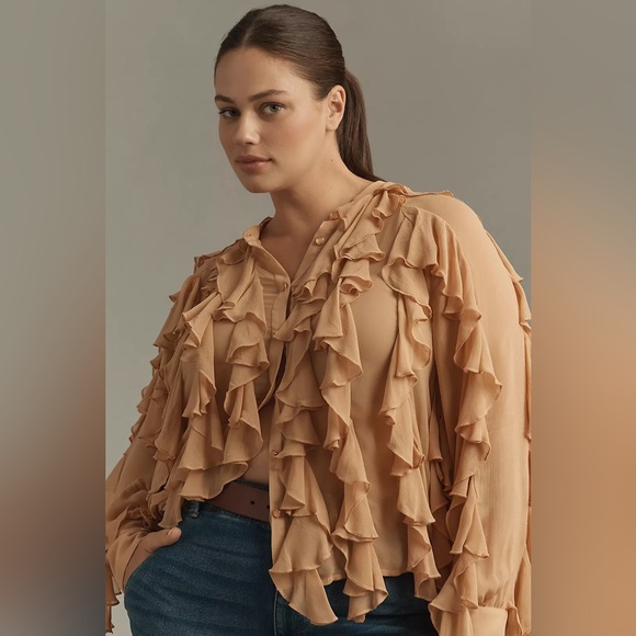 NWT By Anthropologie Sheer Ruffle Buttondown Blouse Size 1X - Picture 5 of 13